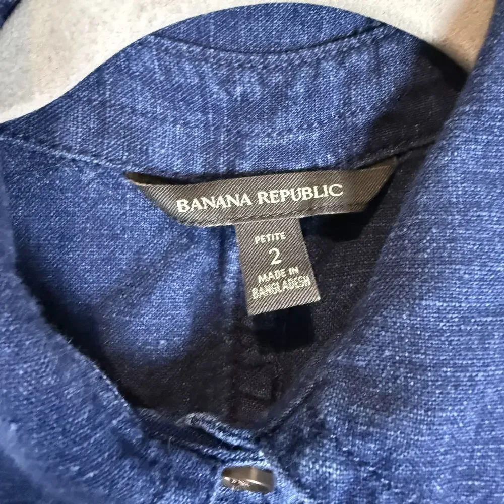 Banana Republic Camp Romper Womens 2 Petite Blue Linen Button Front Tie Waist‎